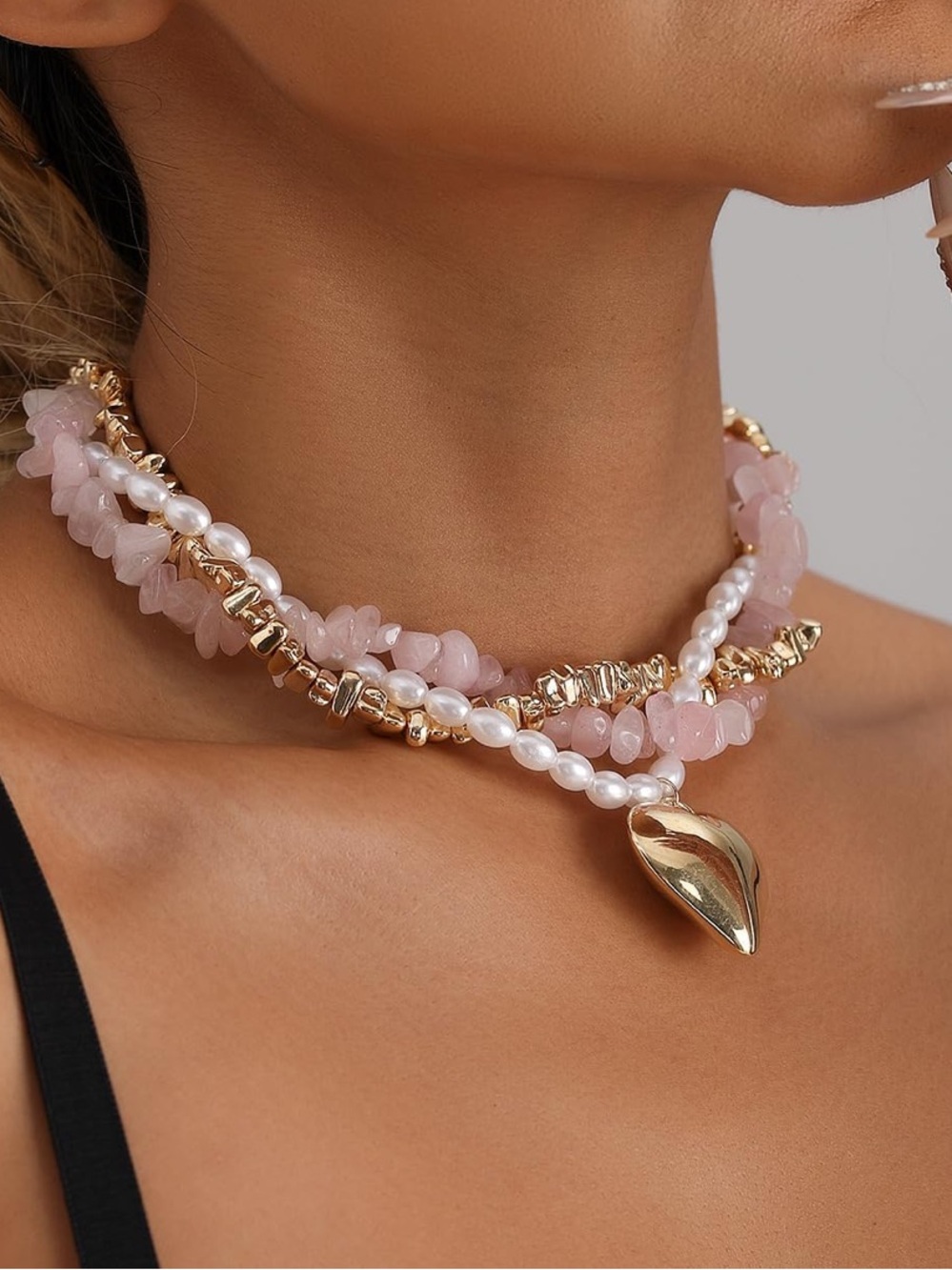 Anthropologie Gold Heart Layered Necklace with Pink Stones and Pearls - Picture 2 of 6